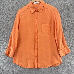 Uniqlo Shirt Womens Medium Orange Linen Button Up Collar 3/4 Sleeves Everyday